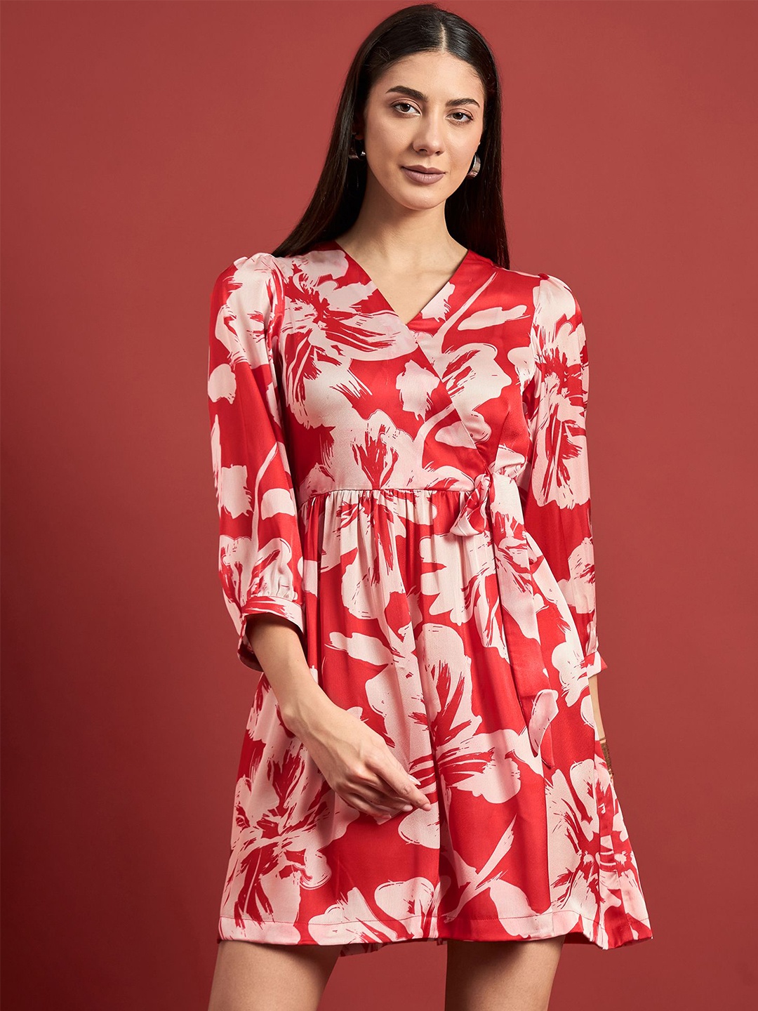 

DressBerry Floral Print Satin Fit & Flare Dress, Red