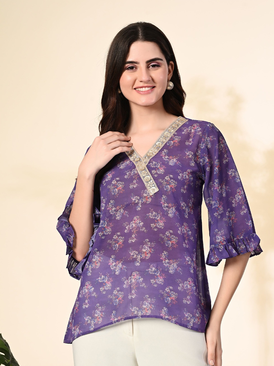

Myshka Floral Print Flared Sleeve Georgette Top, Purple