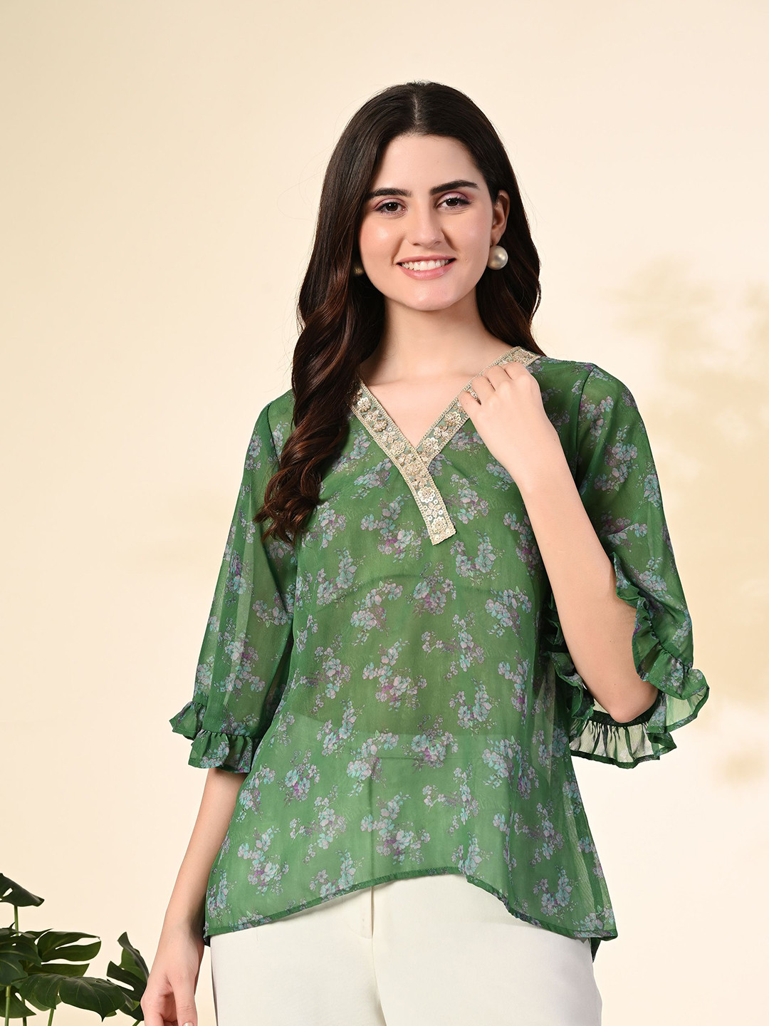 

Myshka Floral Print Georgette Top, Green