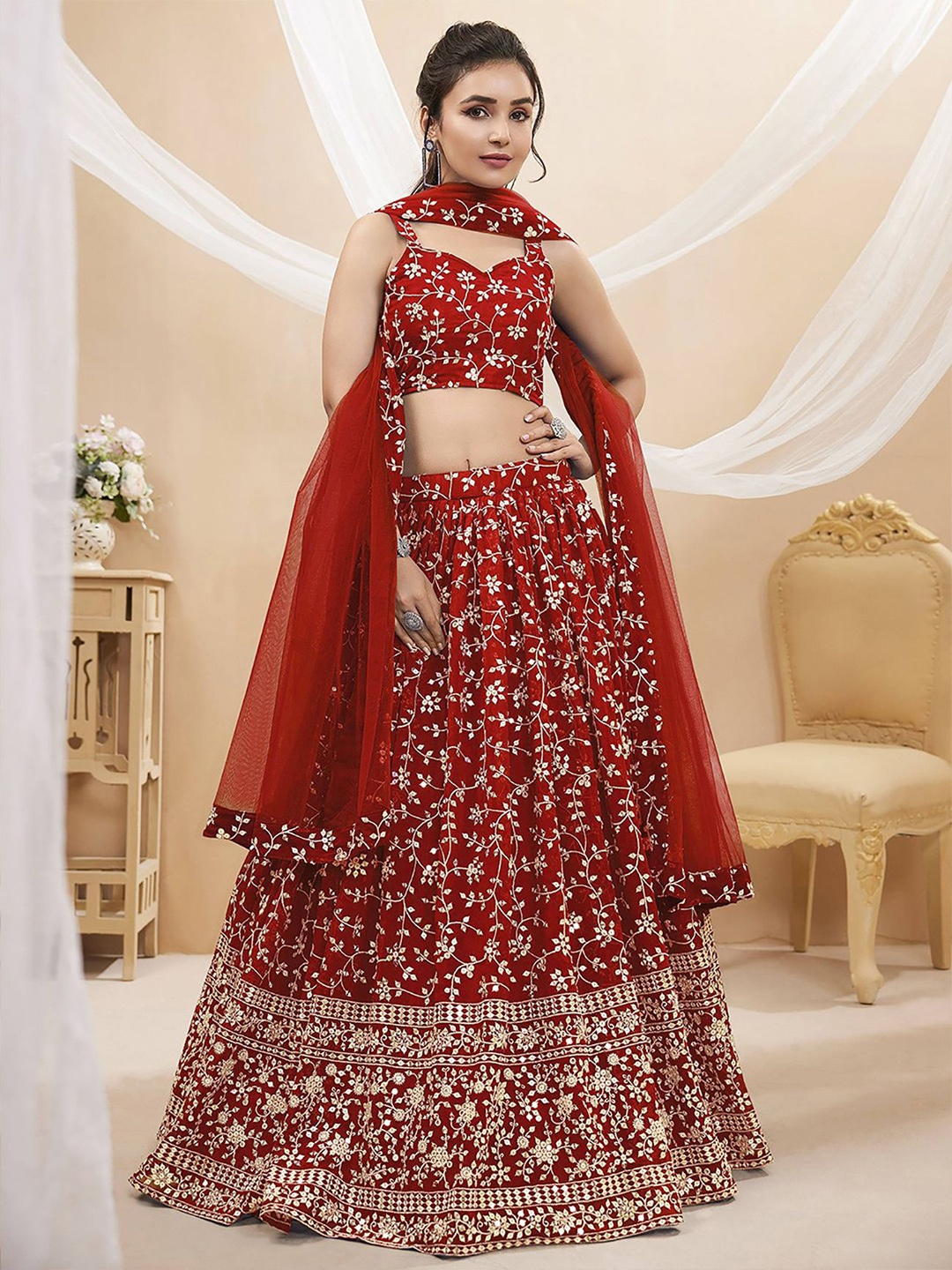 

Kedar Fab Embroidered Thread Work Semi-Stitched Lehenga & Unstitched Blouse With Dupatta, Red