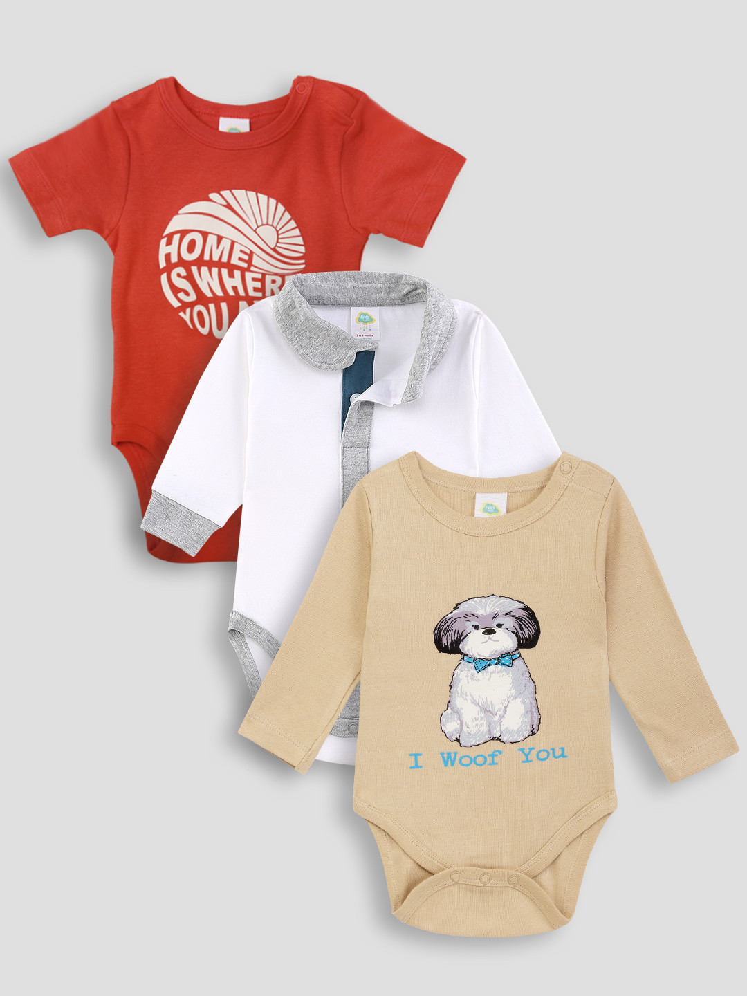

Fancy Fluff Infant Boys Pack Of 3 Pure Cotton Bodysuits, Red