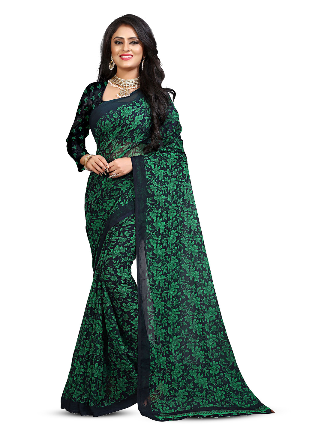 

RUNAYA NX Floral Pure Georgette Saree, Black