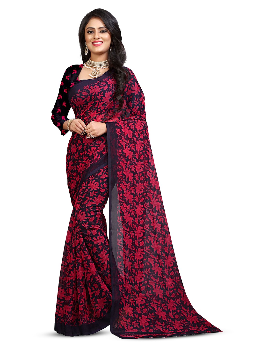 

RUNAYA NX Floral Pure Georgette Saree, Black