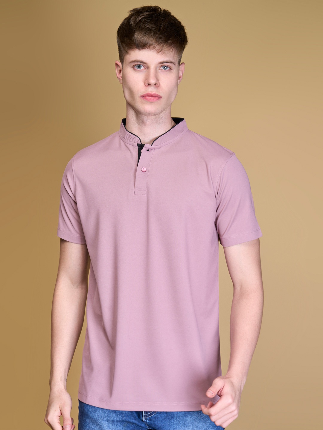 

MUWIN Men Mandarin Collar Casual T-shirt, Pink