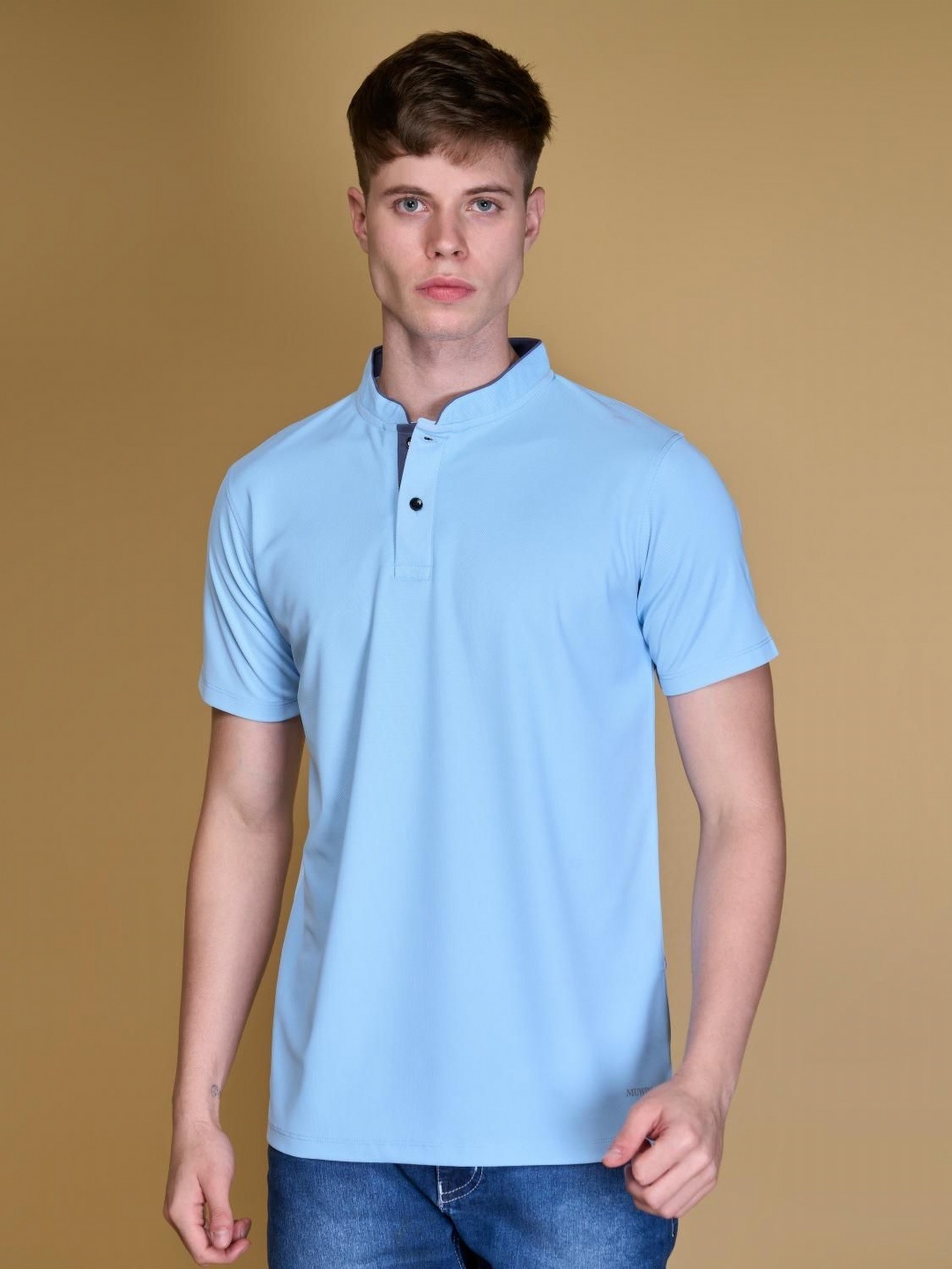 

MUWIN Men Mandarin Collar Casual T-shirt, Blue