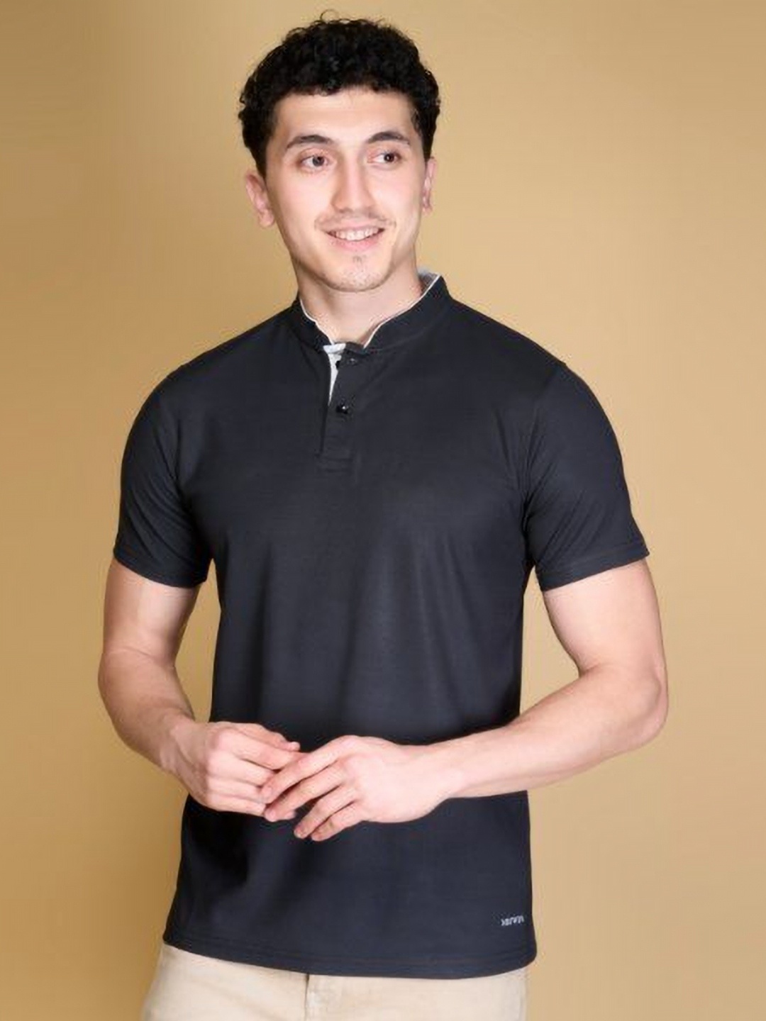 

MUWIN Men Mandarin Collar Casual T-shirt, Black