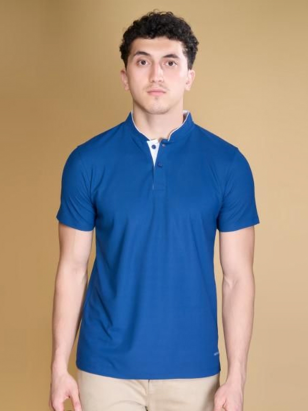 

MUWIN Men Mandarin Collar Casual T-shirt, Blue