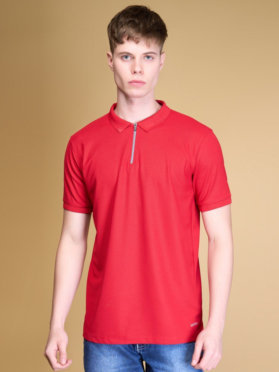 

MUWIN Men Solid Polo Collar T-Shirt, Red