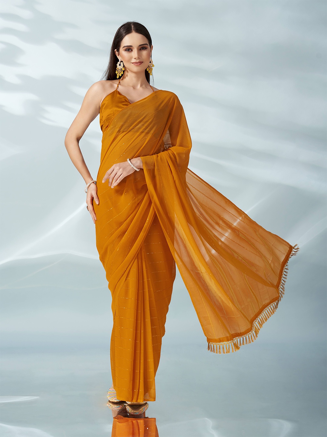

Tikhi Imli Striped Sequinned Poly Georgette Saree, Yellow