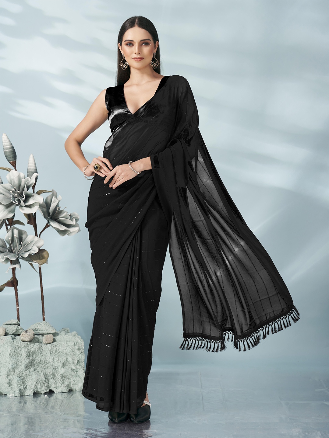 

Tikhi Imli Embellished Sequinned Poly Georgette Saree, Black