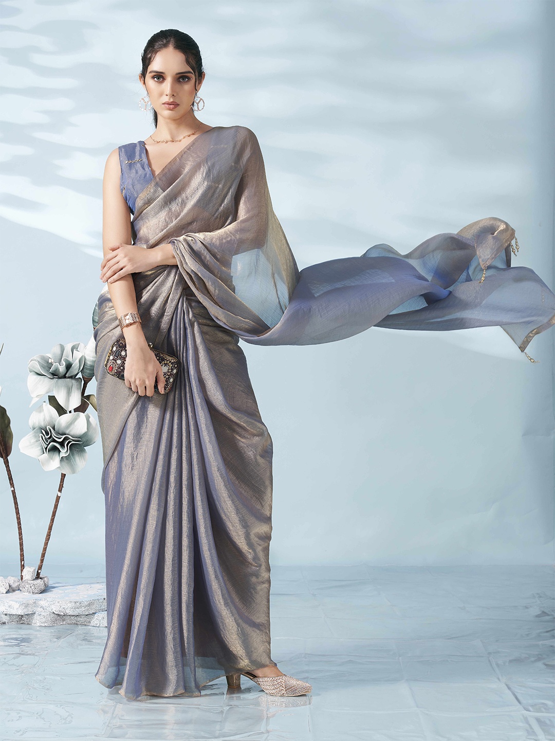 

Tikhi Imli Two Tone Poly Chiffon Saree, Blue