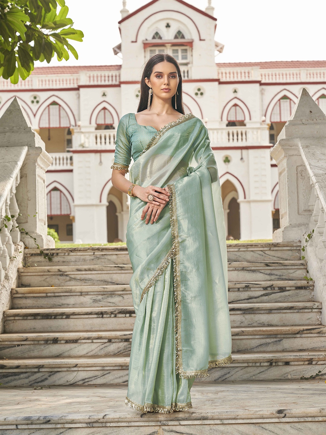 

Tikhi Imli Sequinned Organza Saree, Sea green