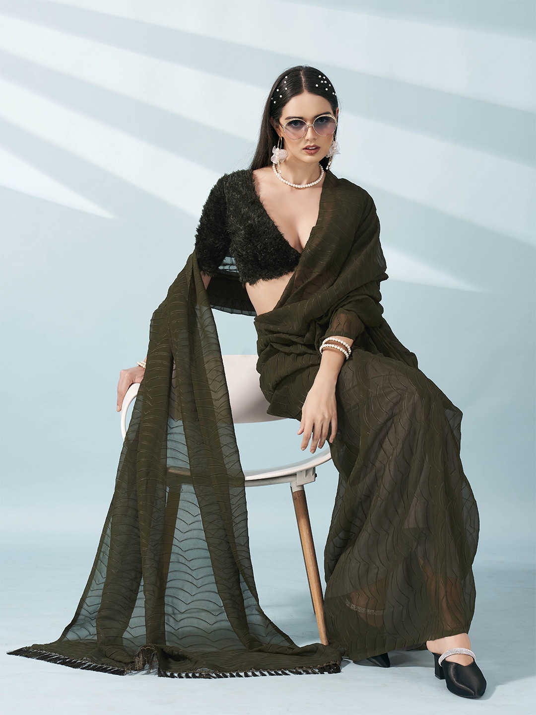 

Tikhi Imli Striped Poly Georgette Saree, Green