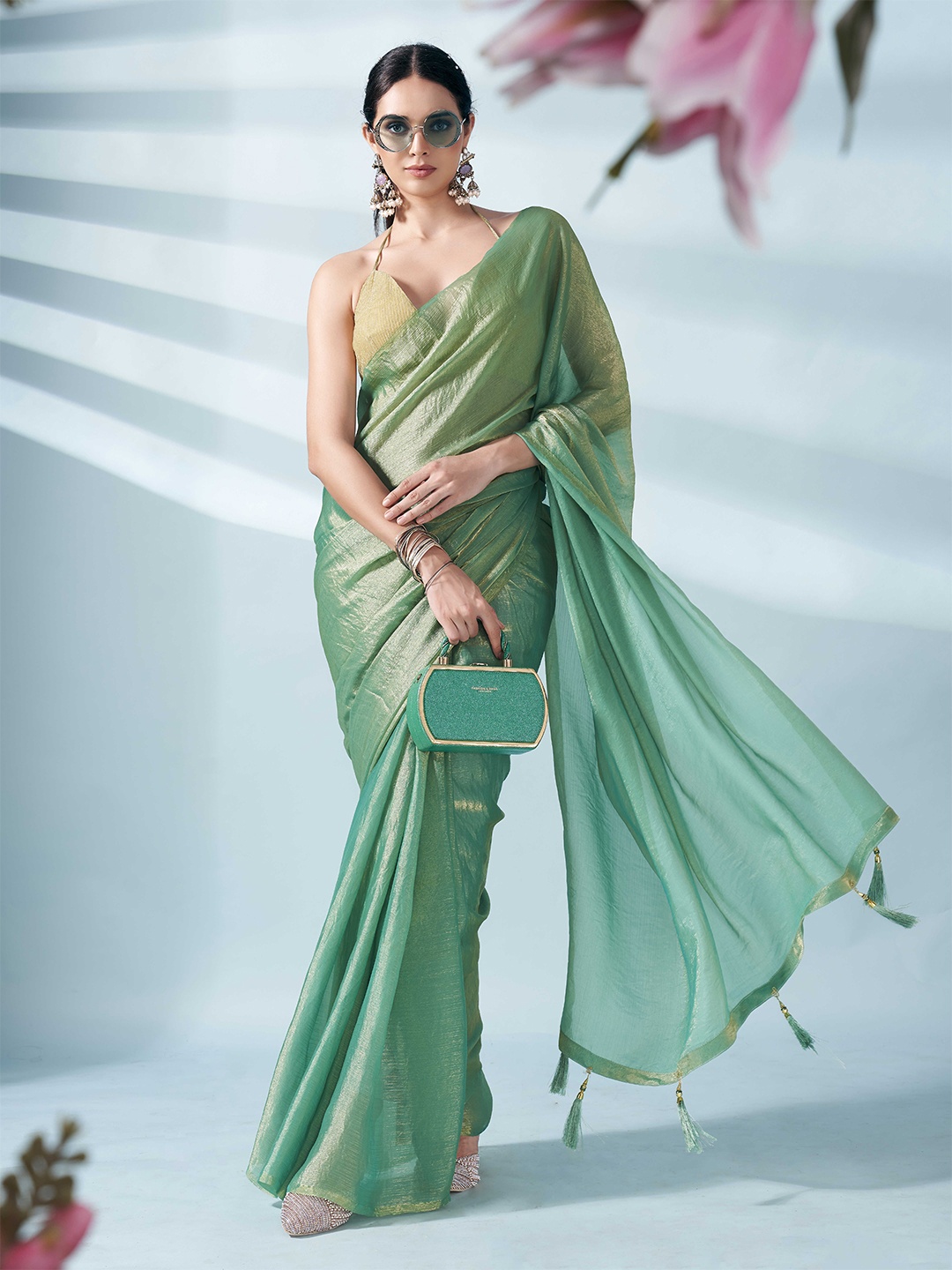 

Tikhi Imli Two Tone Poly Chiffon Saree, Sea green