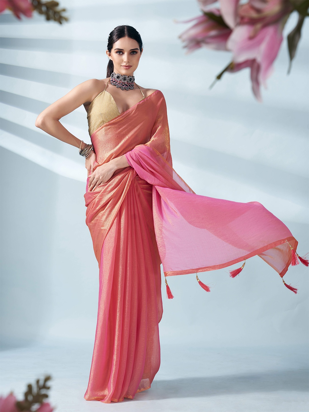 

Tikhi Imli Two Tone Poly Chiffon Saree, Pink