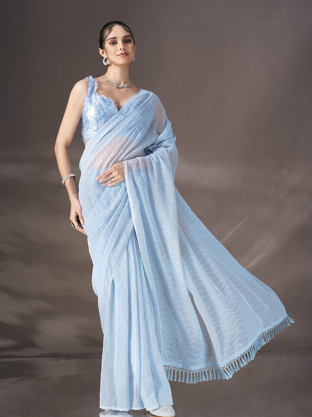 

Tikhi Imli Striped Poly Georgette Saree, Blue