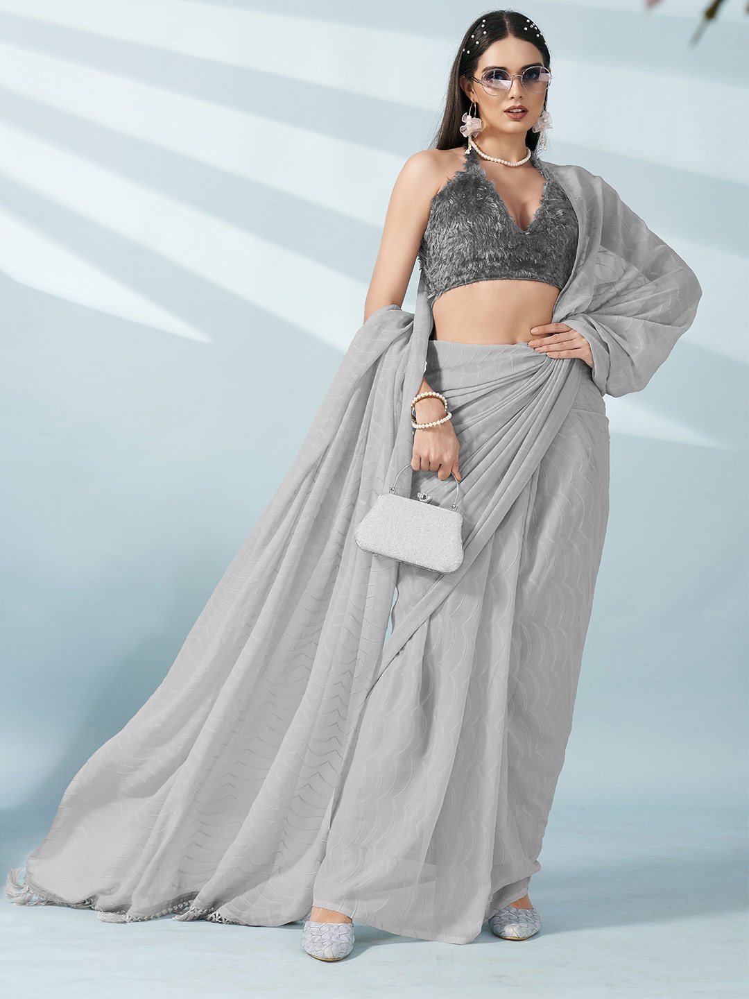 

Tikhi Imli Pleated Poly Georgette Saree, Grey