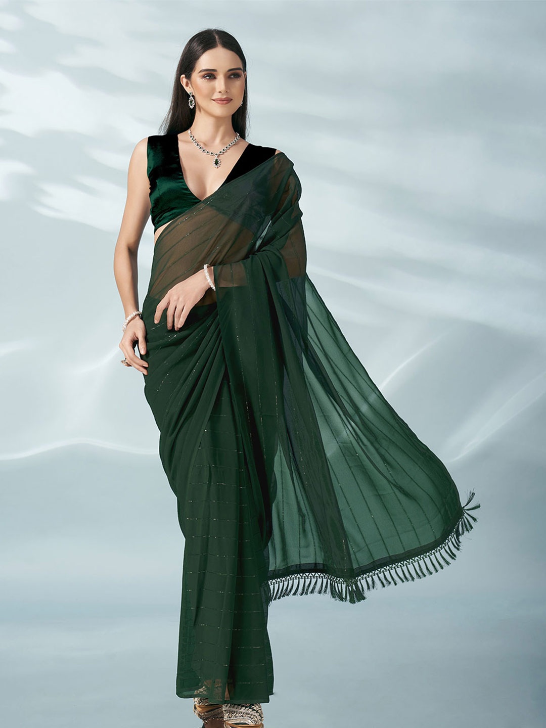 

Tikhi Imli Striped Sequinned Poly Georgette Saree, Green