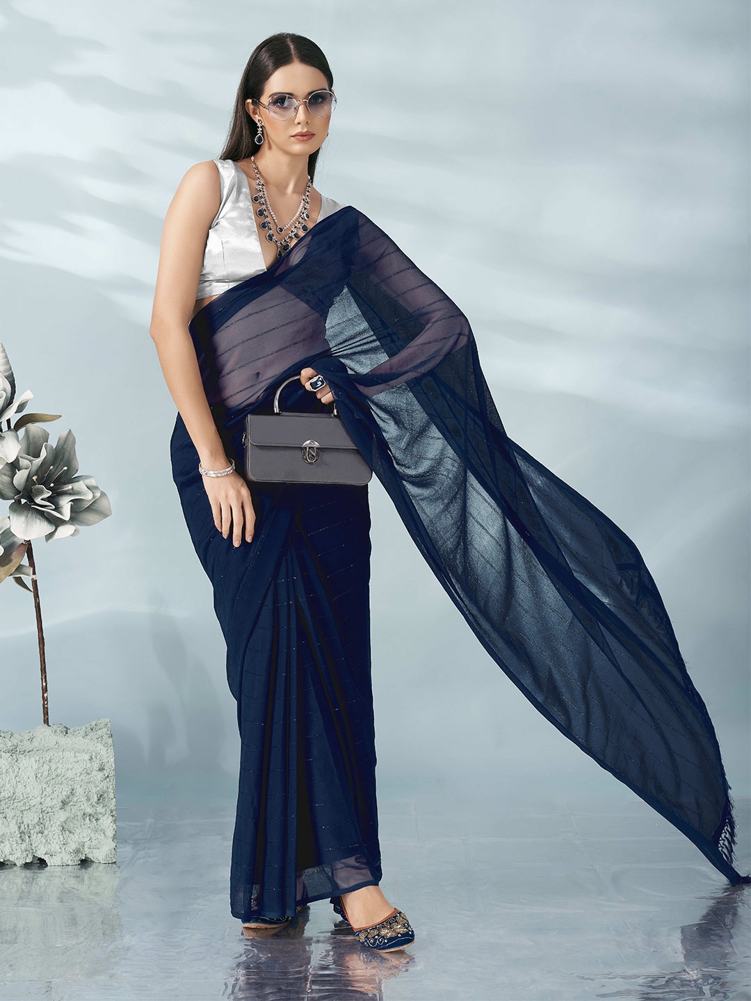 

Tikhi Imli Striped Sequinned Poly Georgette Saree, Teal