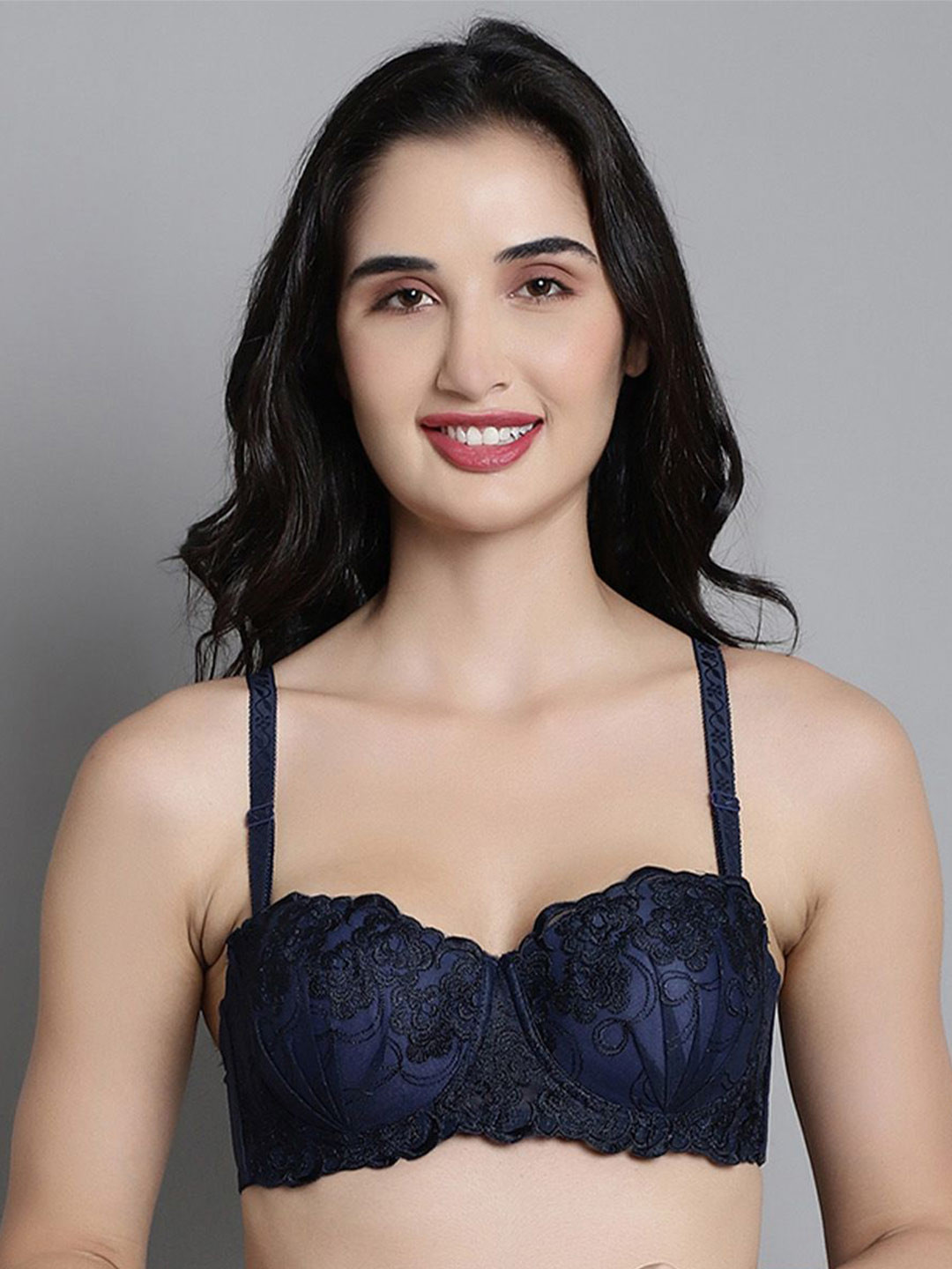 

MAKCLAN Floral Bra Medium Coverage Underwired Lightly Padded, Blue