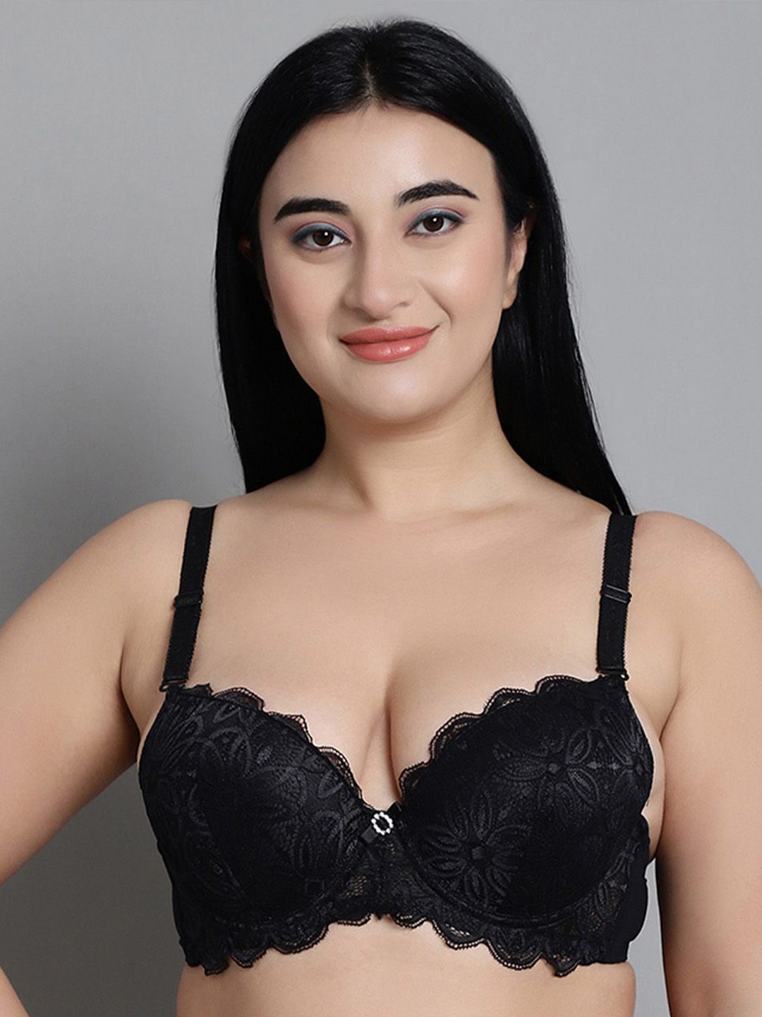 

MAKCLAN Floral Bra Medium Coverage Underwired Lightly Padded, Black
