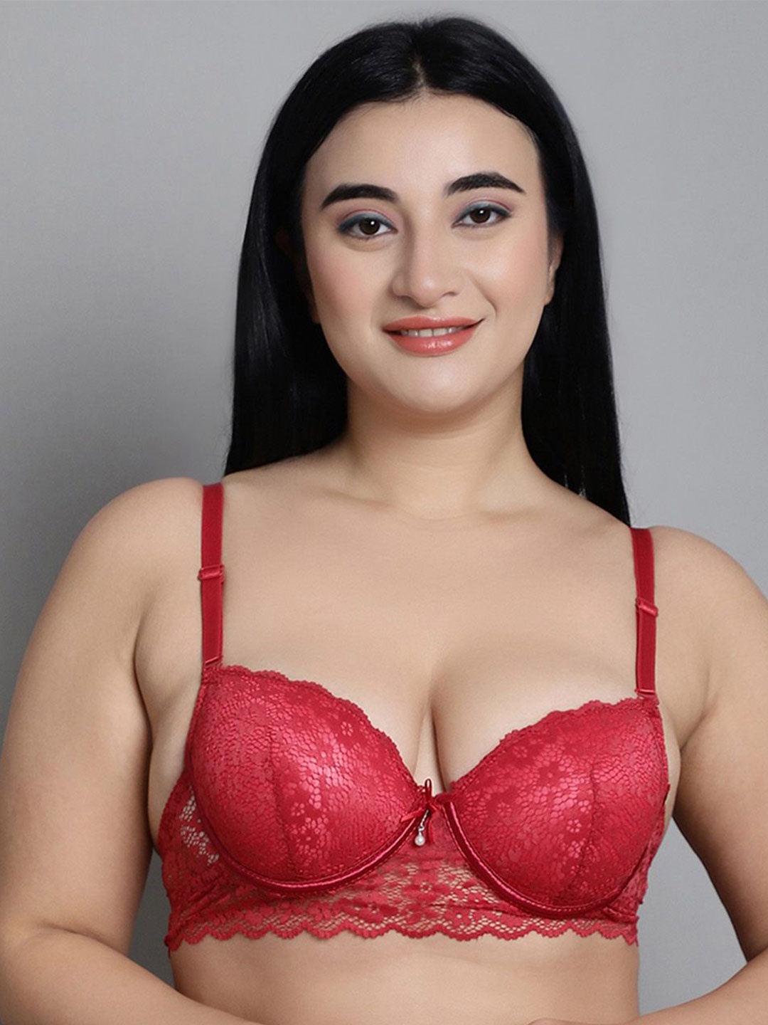

MAKCLAN Floral Bra Medium Coverage Underwired Lightly Padded, Red