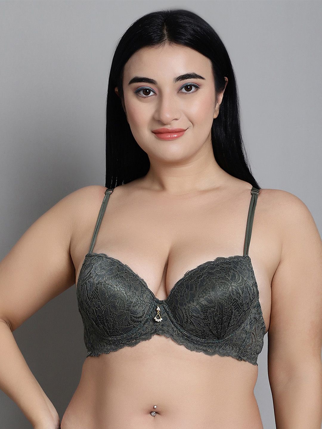 

MAKCLAN Floral Bra Medium Coverage Underwired Lightly Padded, Green