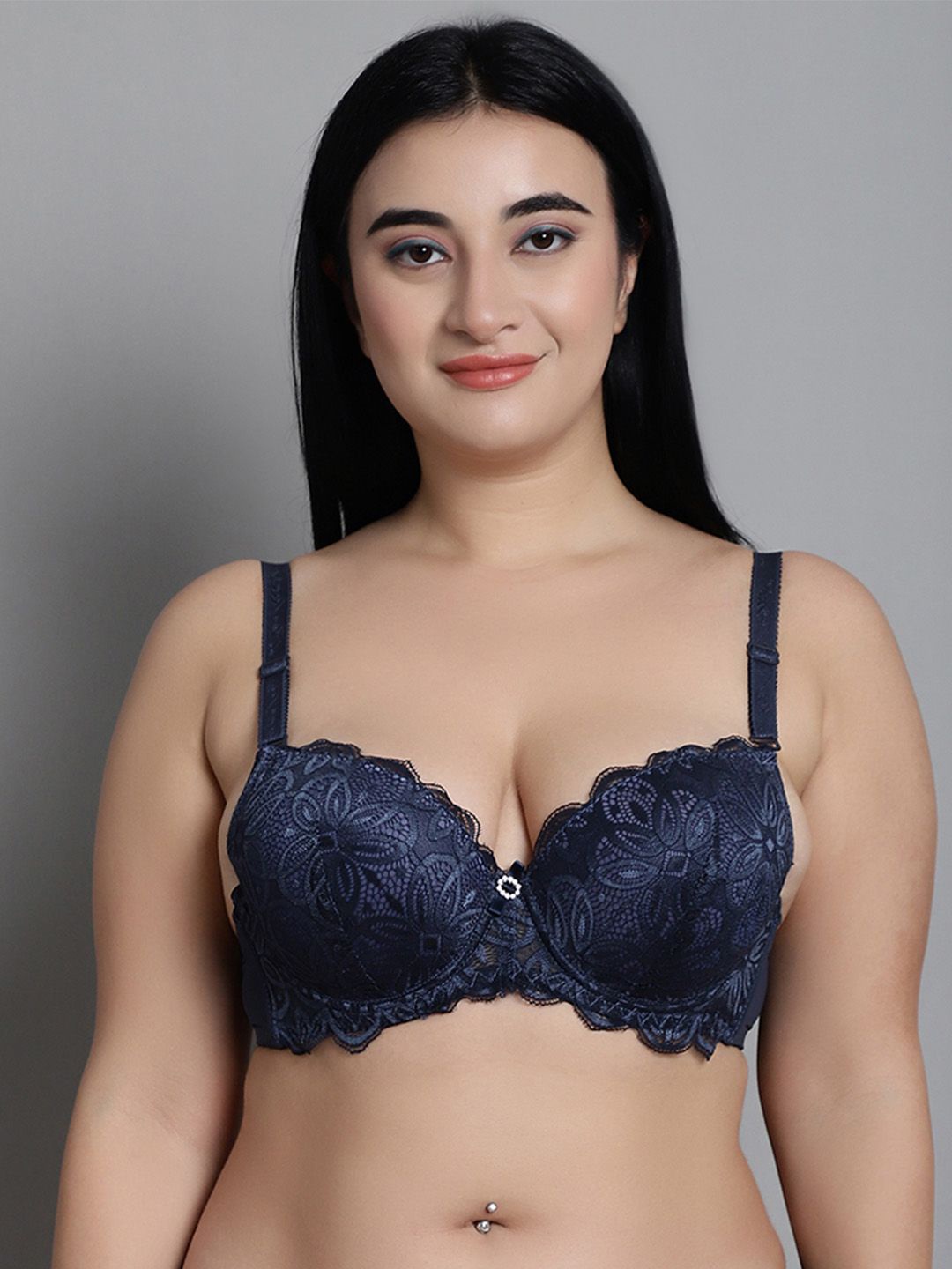 

MAKCLAN Floral Bra Medium Coverage Underwired Lightly Padded, Blue