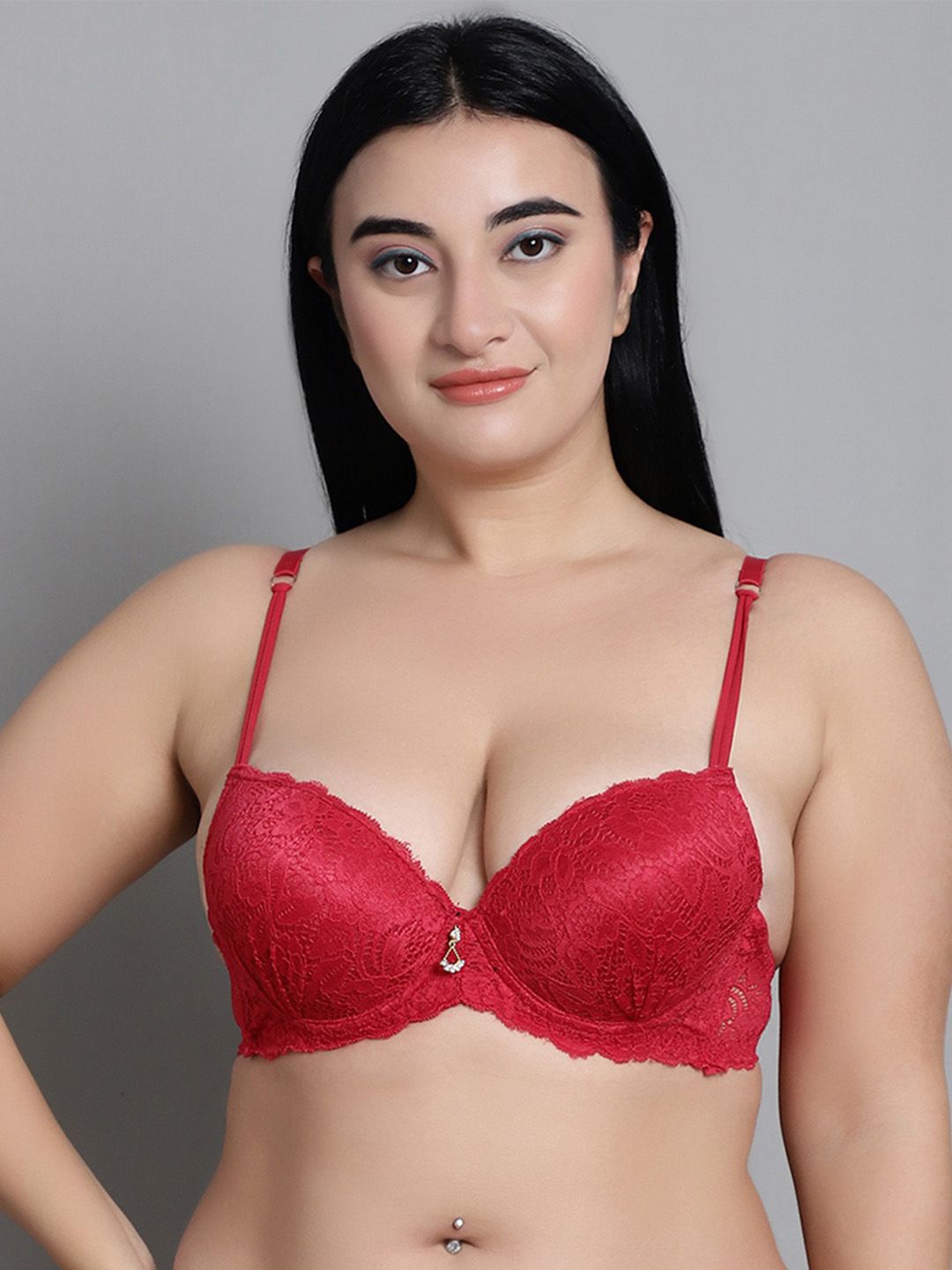 

MAKCLAN Floral Bra Medium Coverage Underwired Lightly Padded, Red