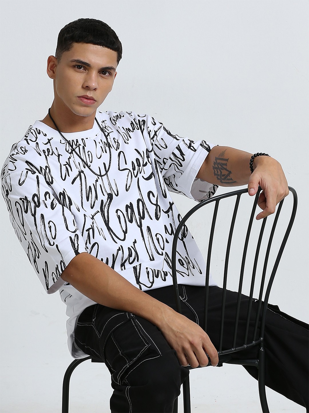 The Roadster Lifestyle Co Printed Oversized Cotton T-Shirt, White