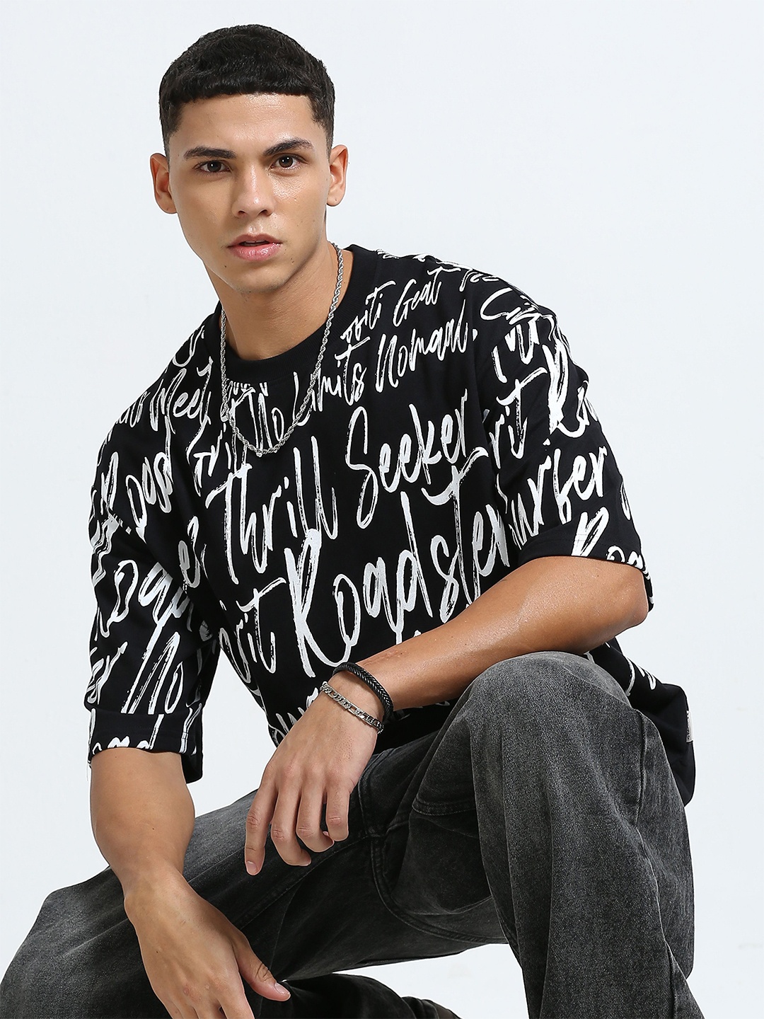 

The Roadster Lifestyle Co Printed Oversized Cotton T-Shirt, Black