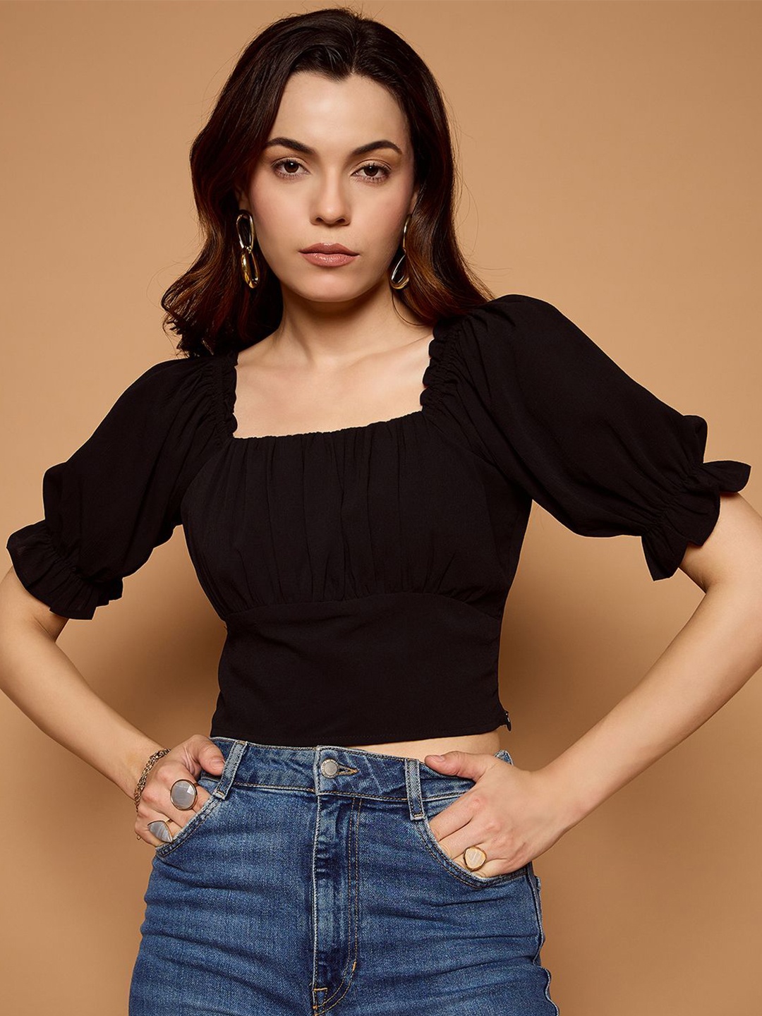 

Kibo Puff Sleeve Crop Top, Black