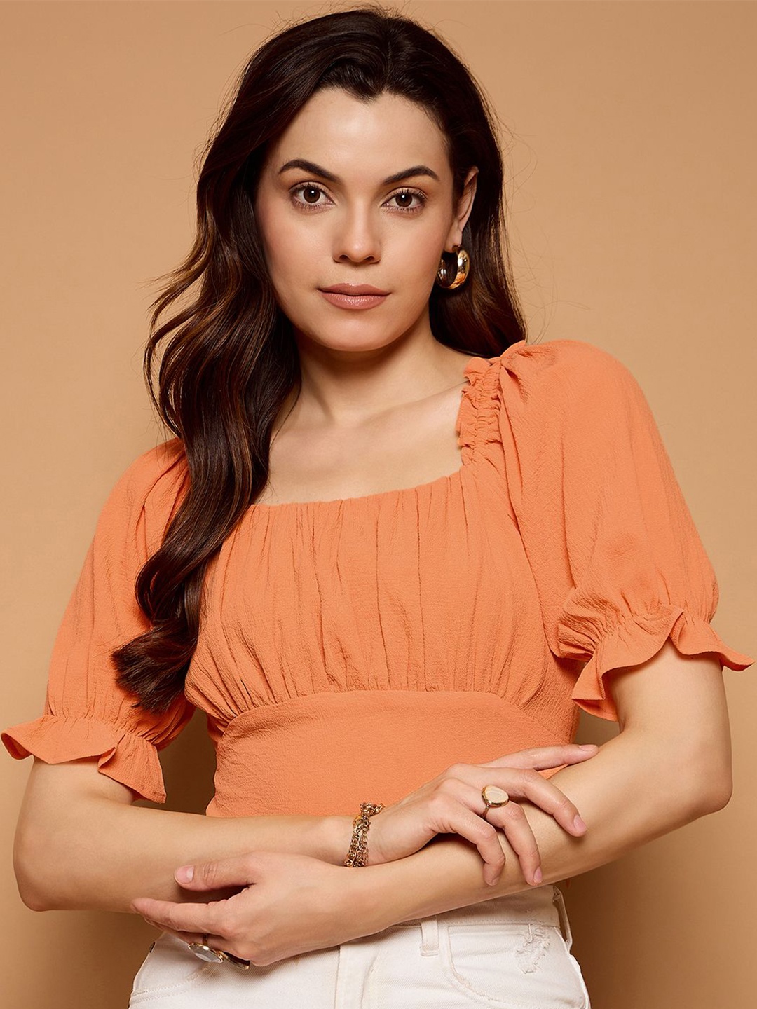 

Kibo Puff Sleeve Blouson Crop Top, Orange