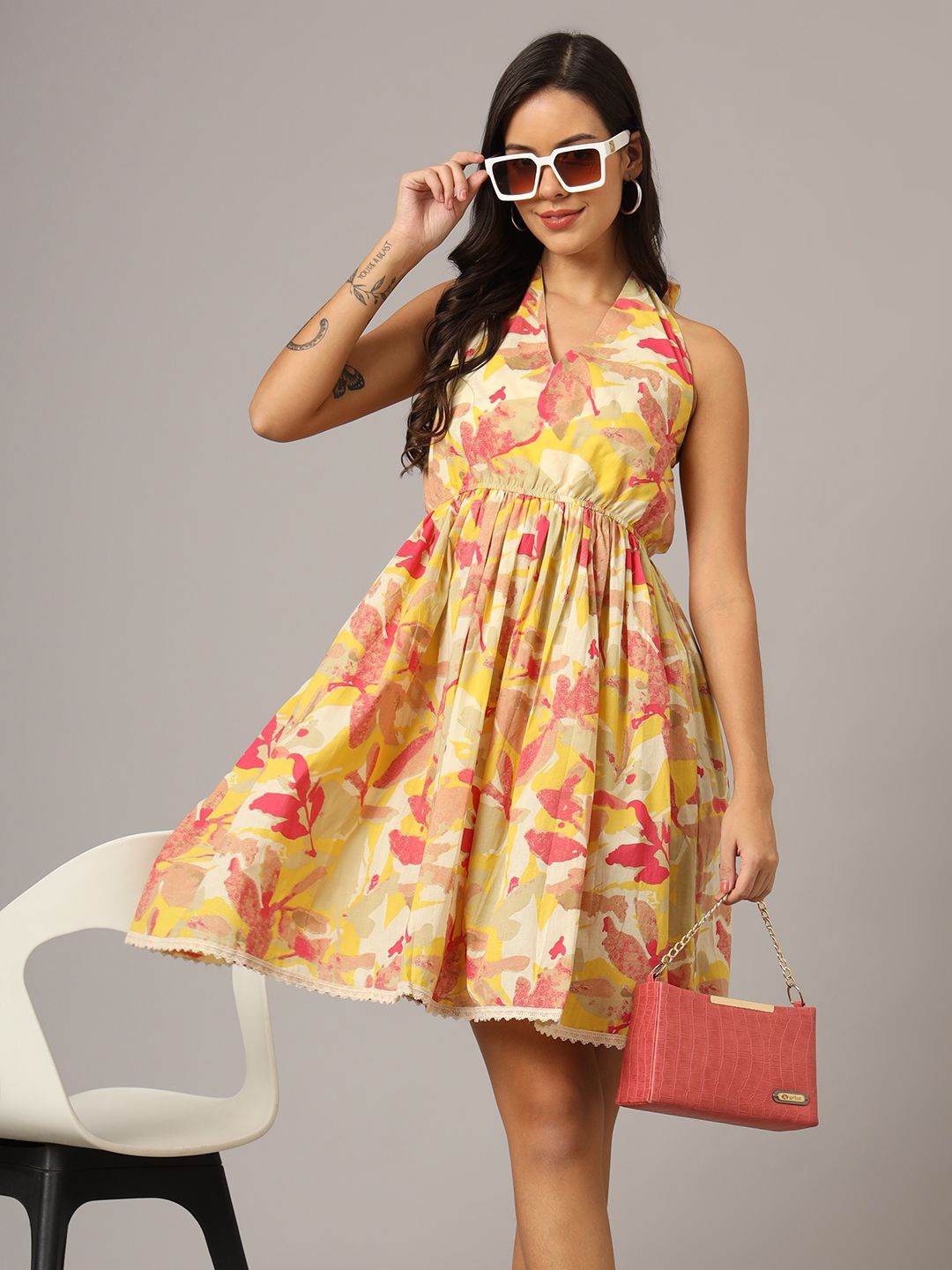 

FABRIC FITOOR Floral Print Fit & Flare Dress, Yellow