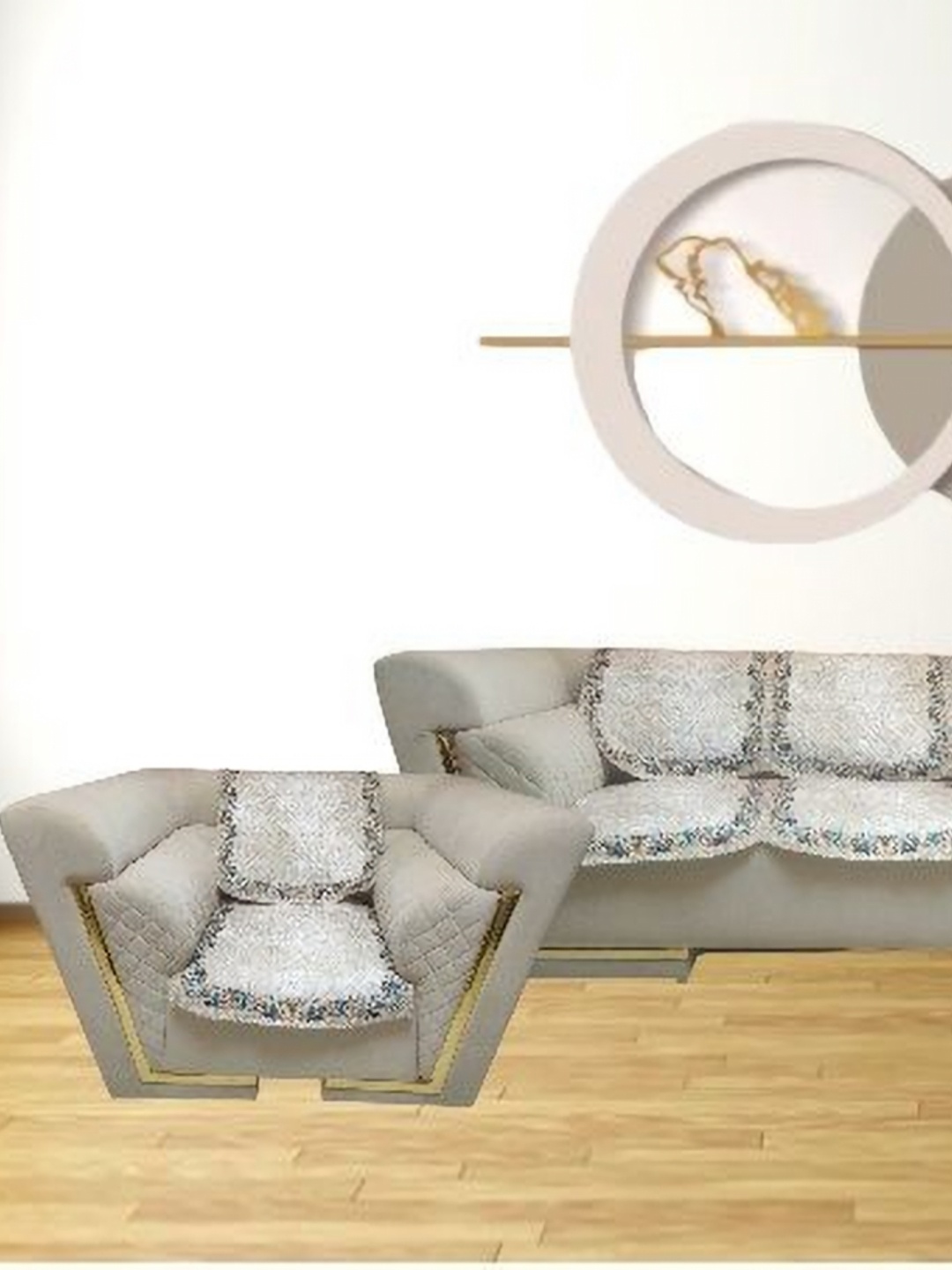 

MONKDECOR White & Blue Printed Velvet Sofa Cover