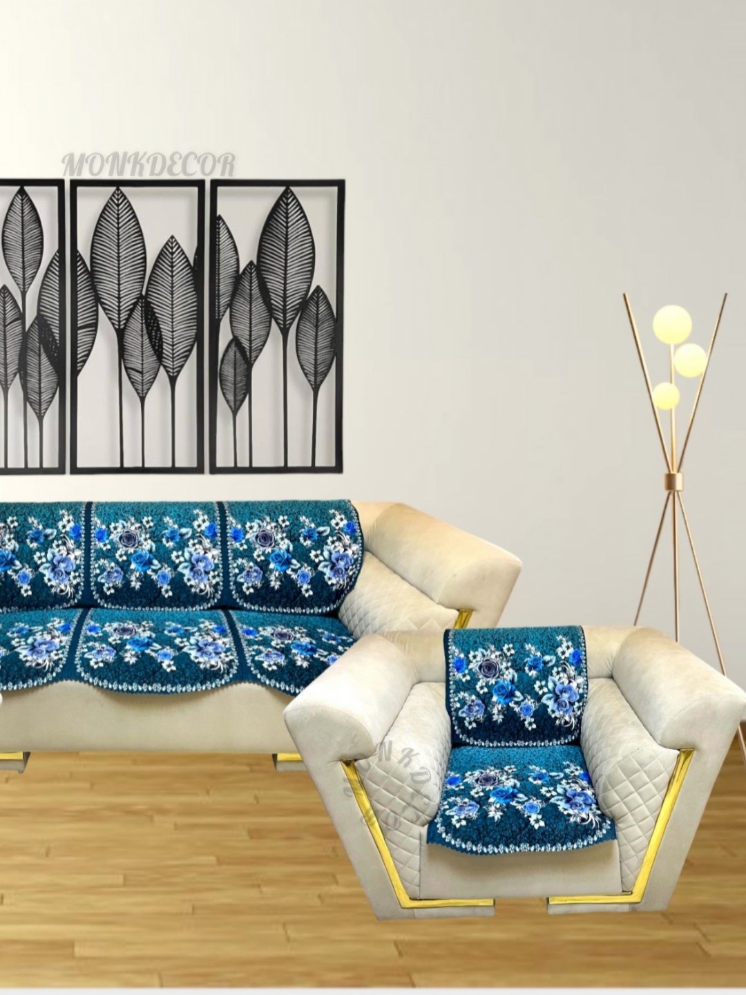 

MONKDECOR Blue & White Printed Velvet Sofa Cover