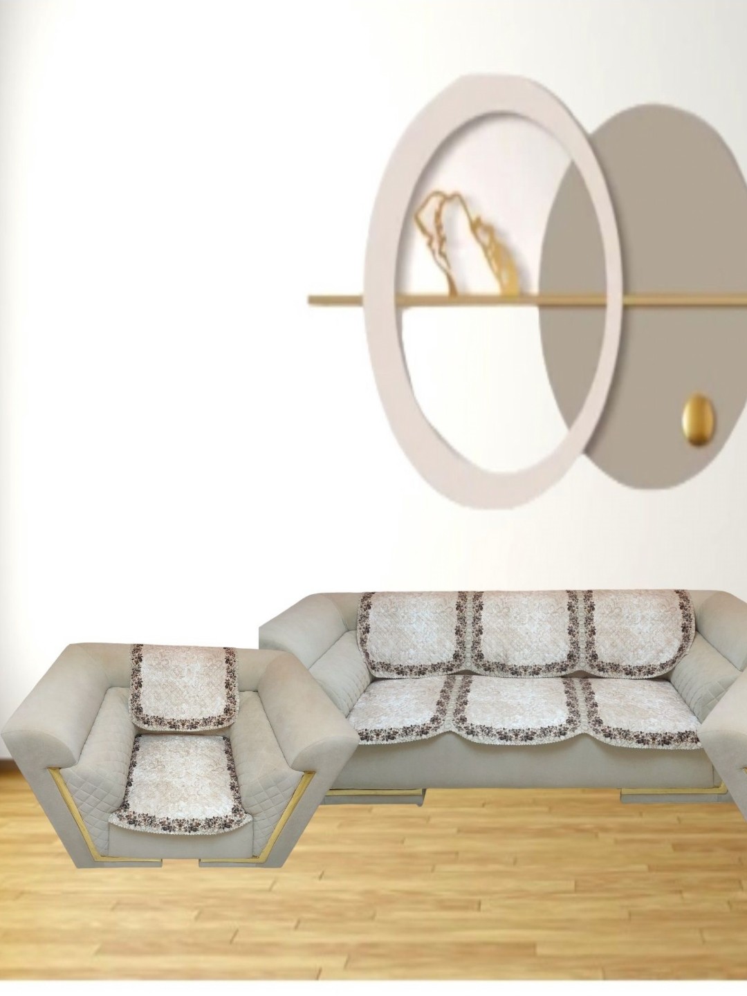 

MONKDECOR Cream-Coloured & Blue Printed Velvet Sofa Cover