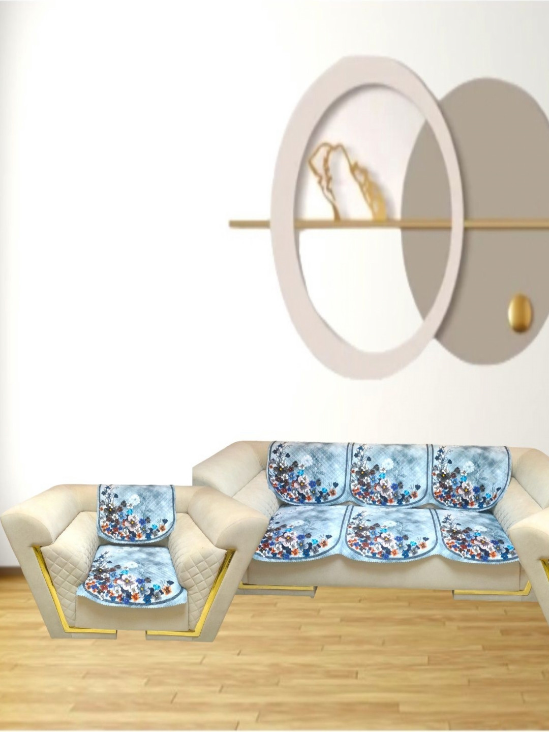 

MONKDECOR Blue & White Printed Velvet Sofa Cover