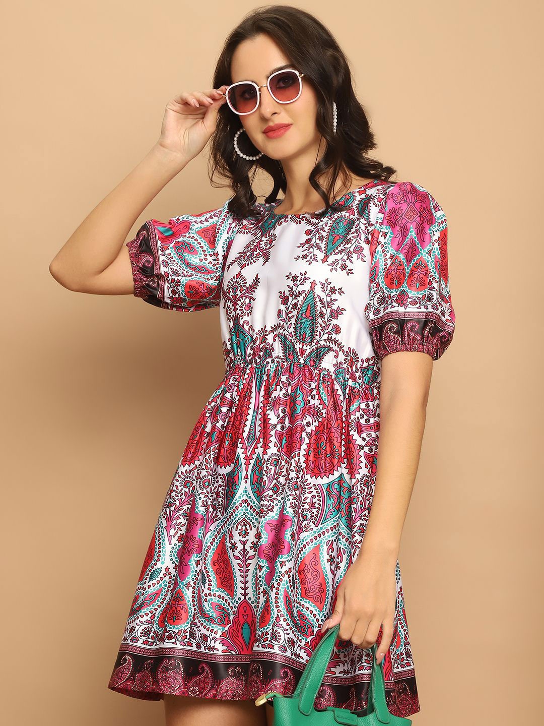 

Indian Needle Ethnic Motifs Print Satin Fit & Flare Dress, Pink