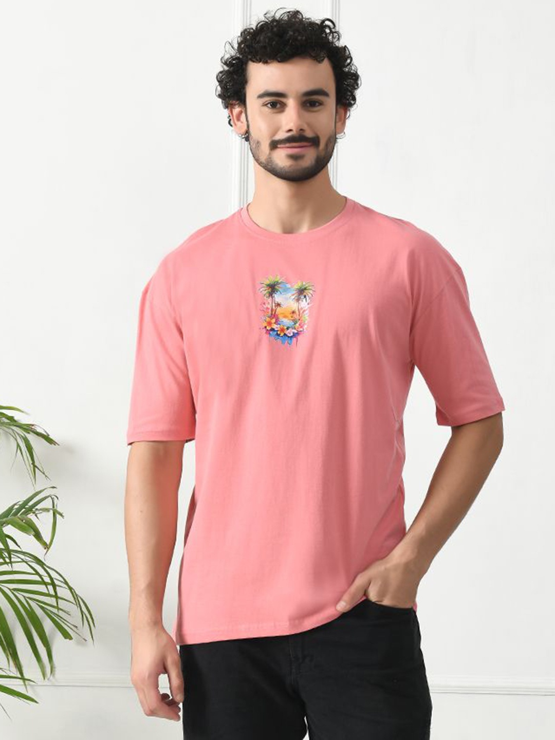 

FITINC Men Printed V-Neck Bio Finish Applique T-shirt, Peach