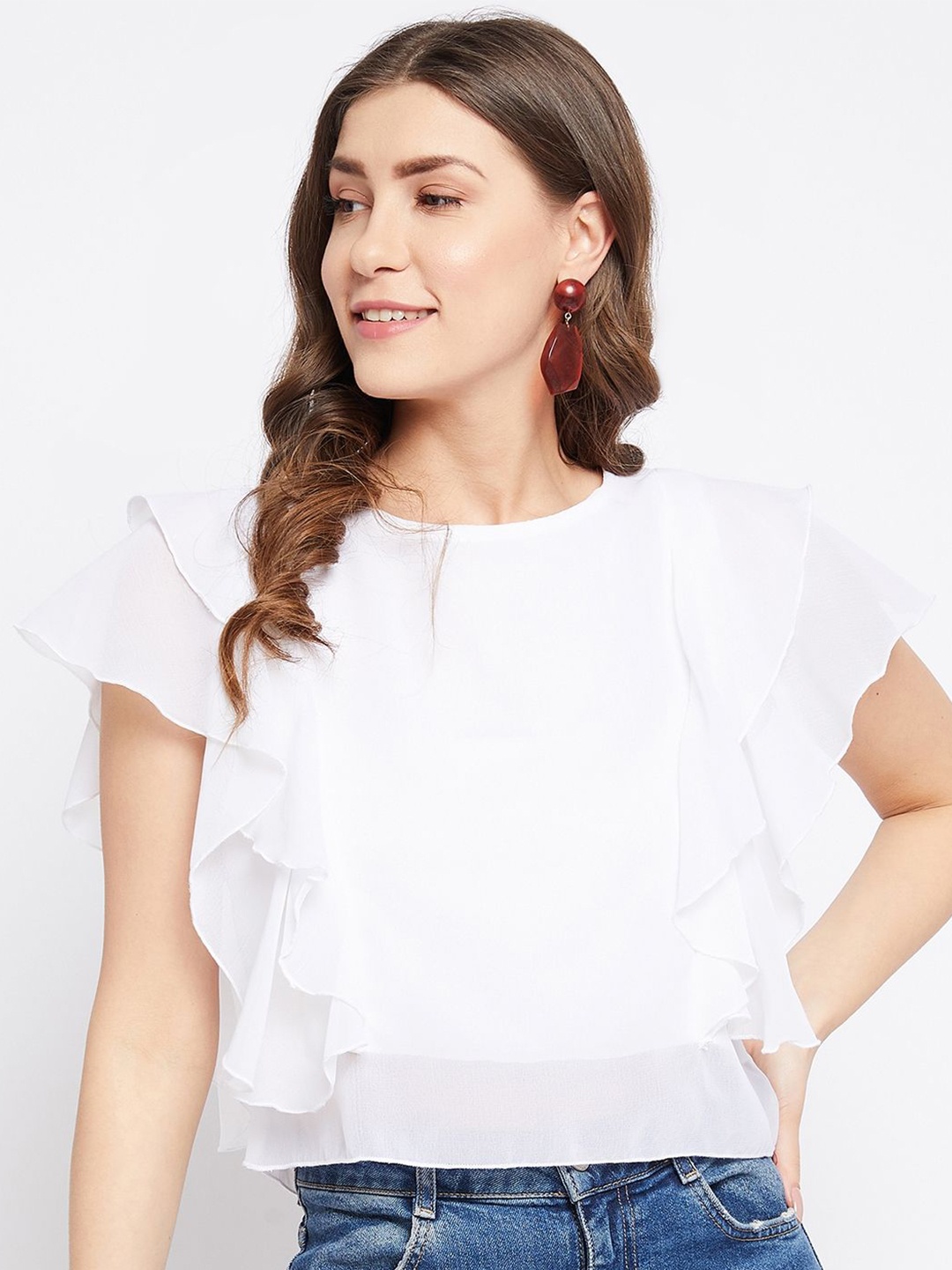 

Bitterlime Flutter Sleeve Georgette Top, White