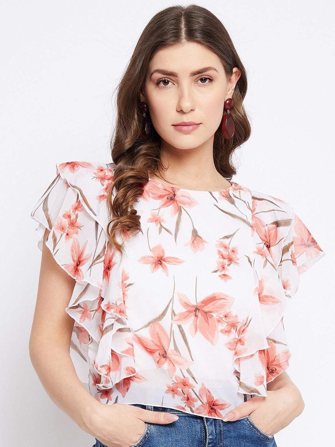Bitterlime Floral Print Flutter Sleeve Georgette Top, White