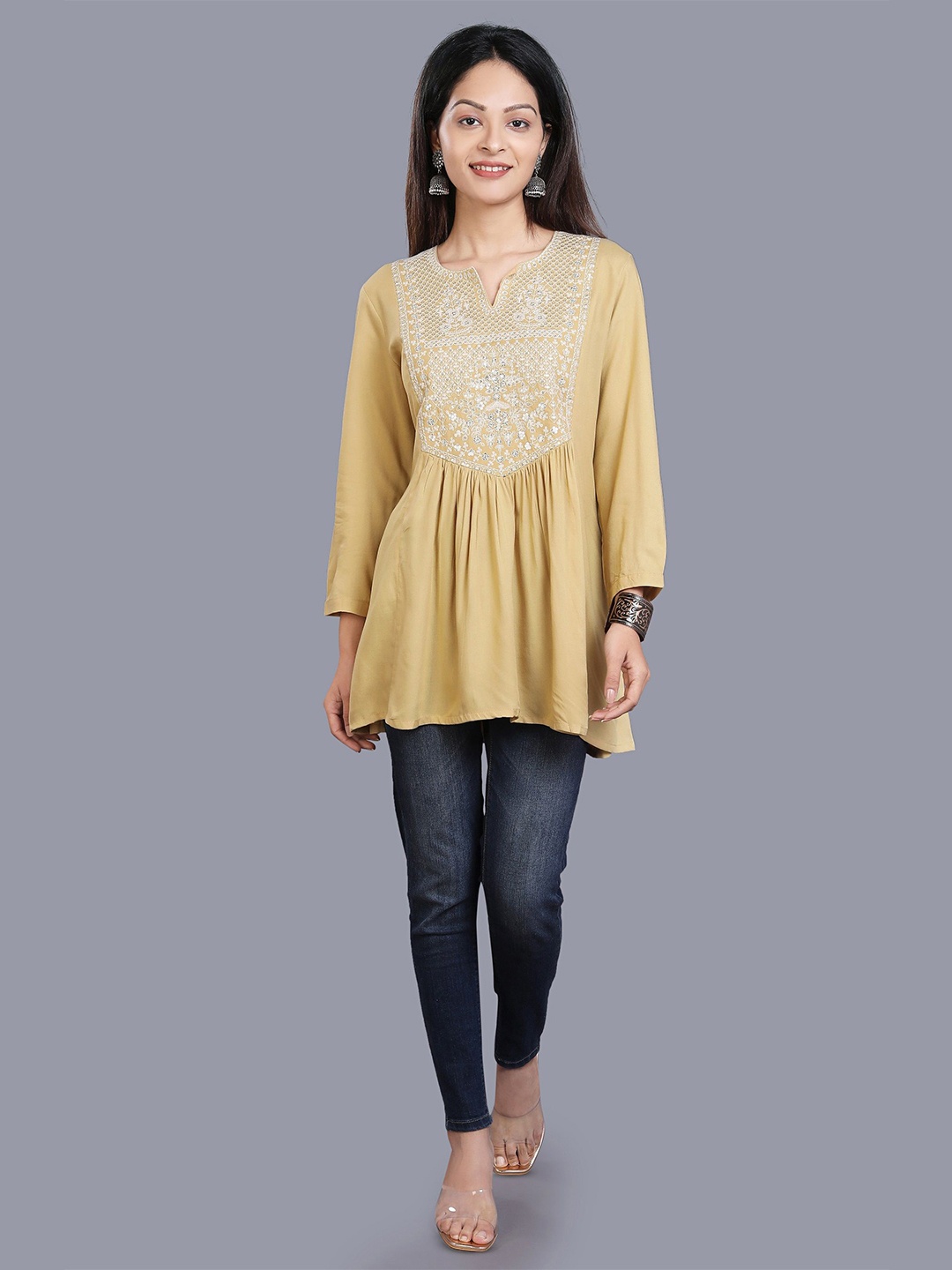 

COTTON CULTURE Ethnic Motifs Embellished Anarkali Kurti, Beige