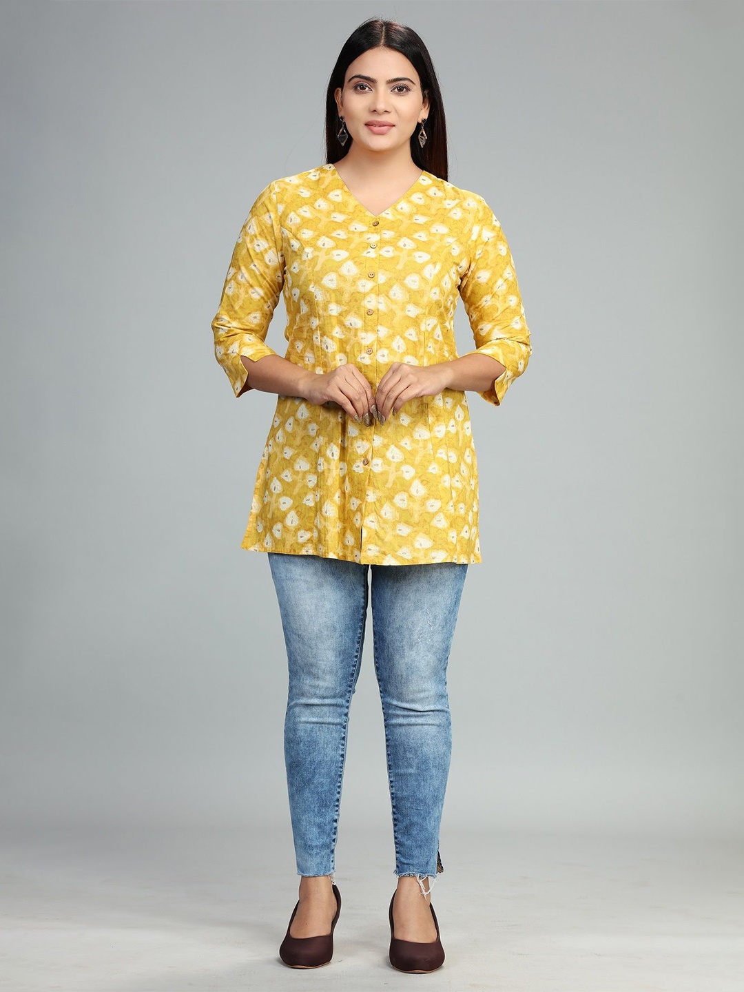 

COTTON CULTURE Floral Printed V-Neck Pure Cotton Kurti, Mustard