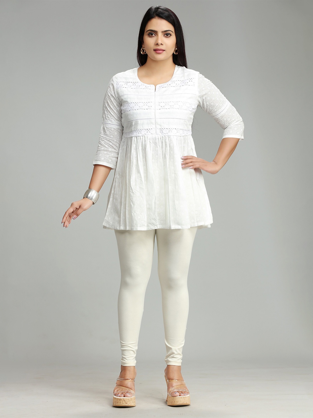 

COTTON CULTURE Floral Embroidered Pure Cotton Anarkali Kurti, White