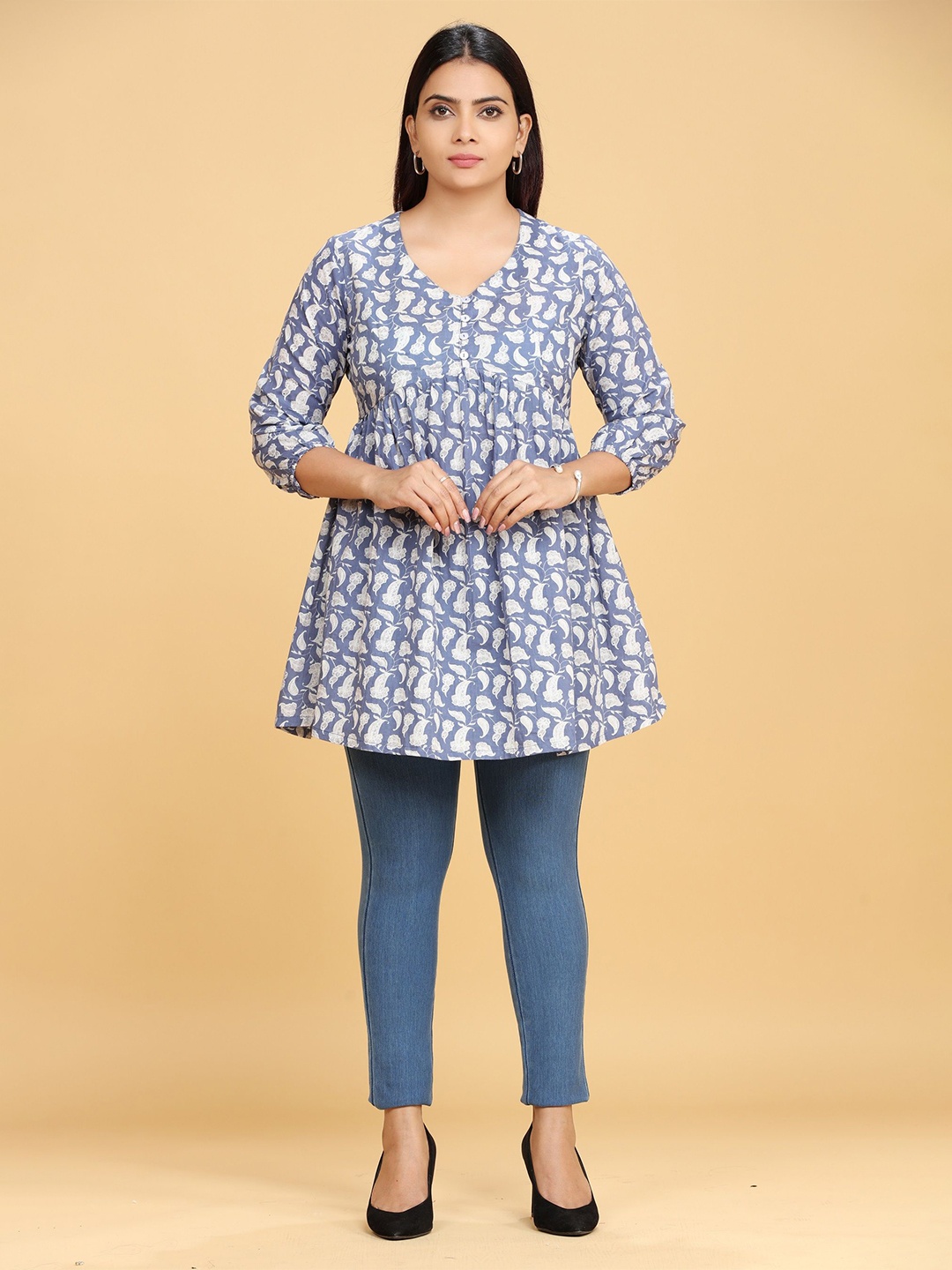 

COTTON CULTURE Floral Printed V-Neck Pure Cotton Anarkali Kurti, Blue
