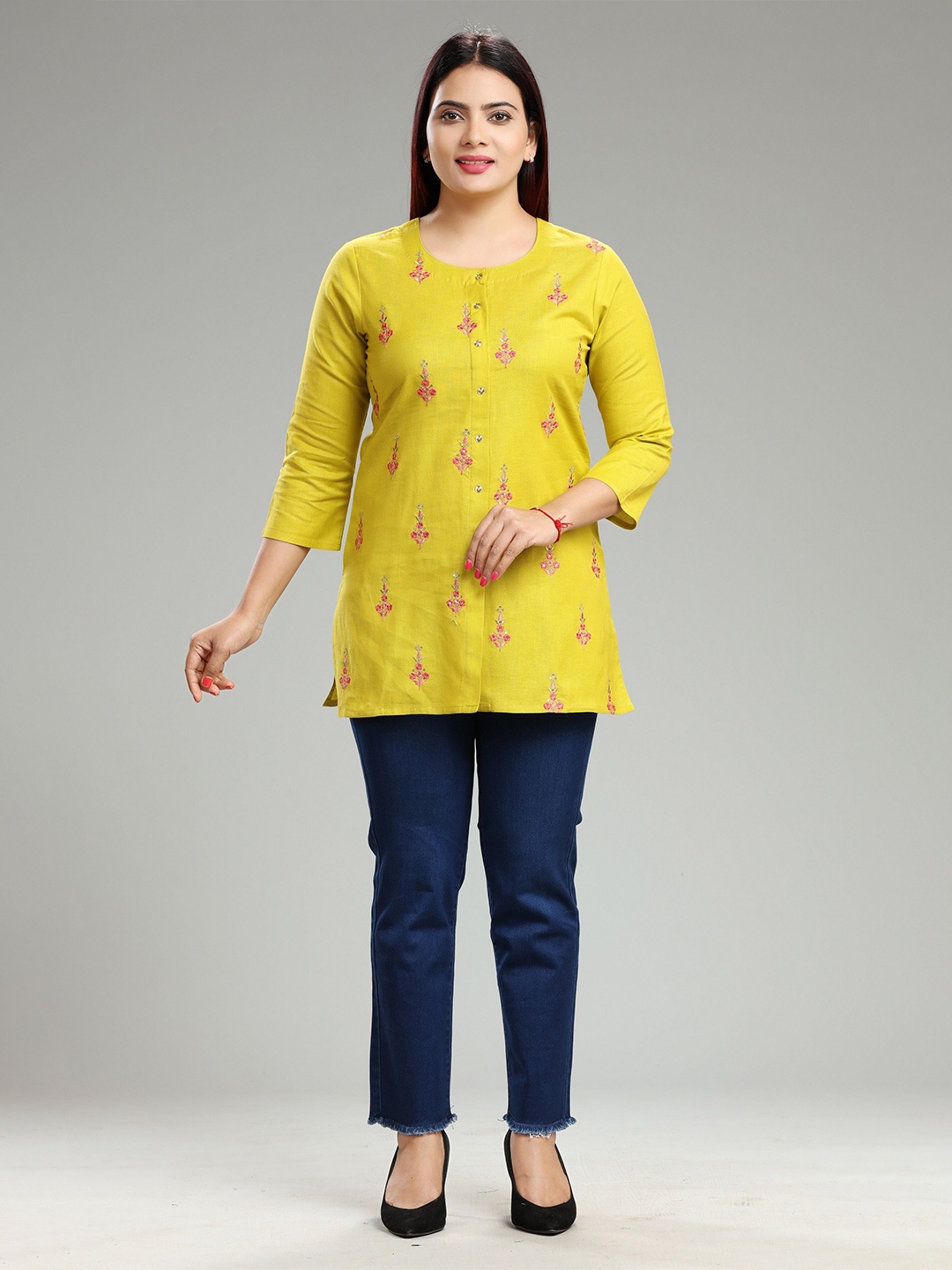 

COTTON CULTURE Floral Embroidered Pure Cotton Kurti, Mustard