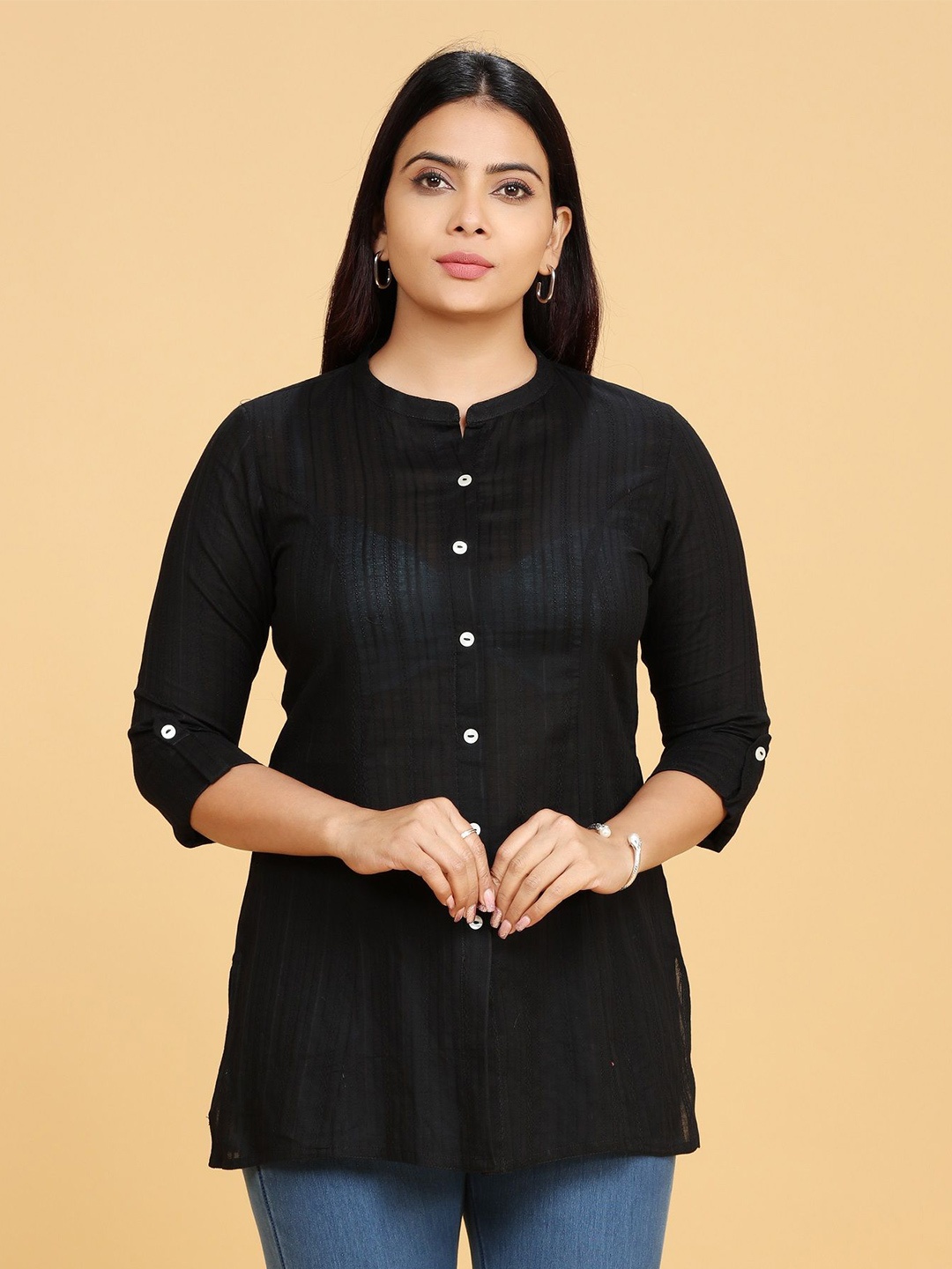 

COTTON CULTURE Striped Pure Cotton Kurti, Black