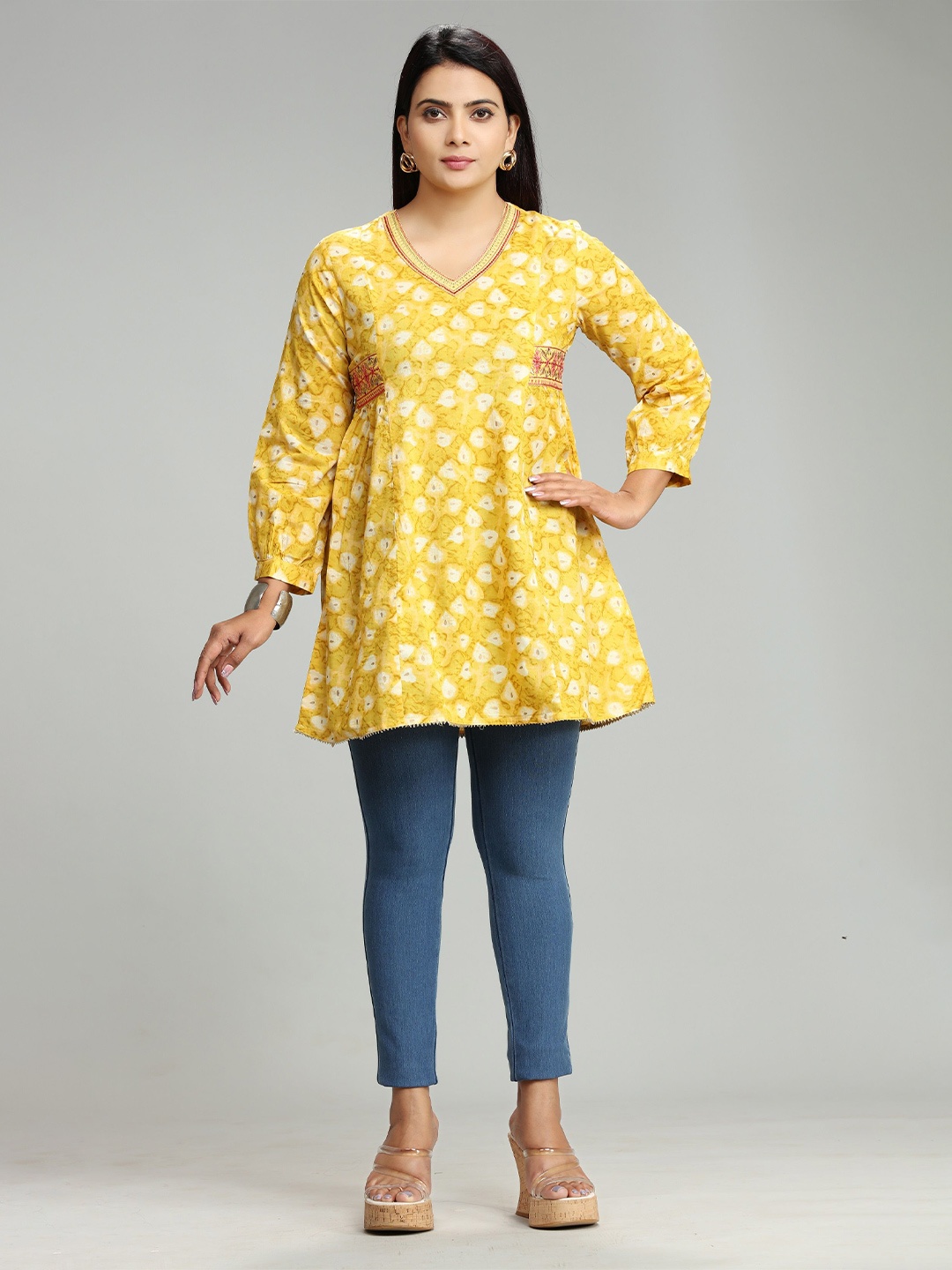 

COTTON CULTURE Floral Printed V-Neck Pure Cotton Anarkali Kurti, Mustard