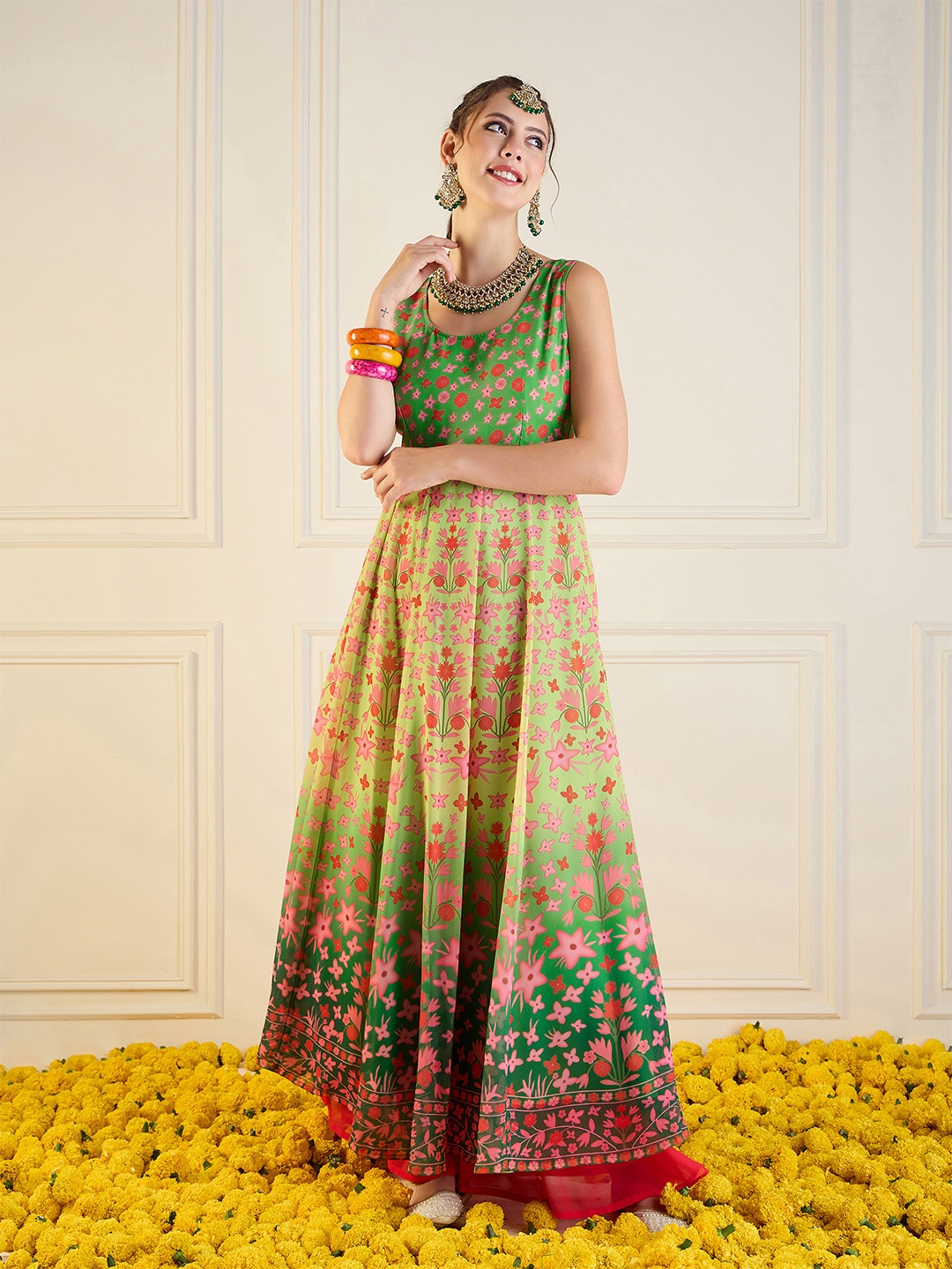 

Shae by SASSAFRAS Women Floral Printed Sequinned Indie Florals Georgette Anarkali Kurta, Green